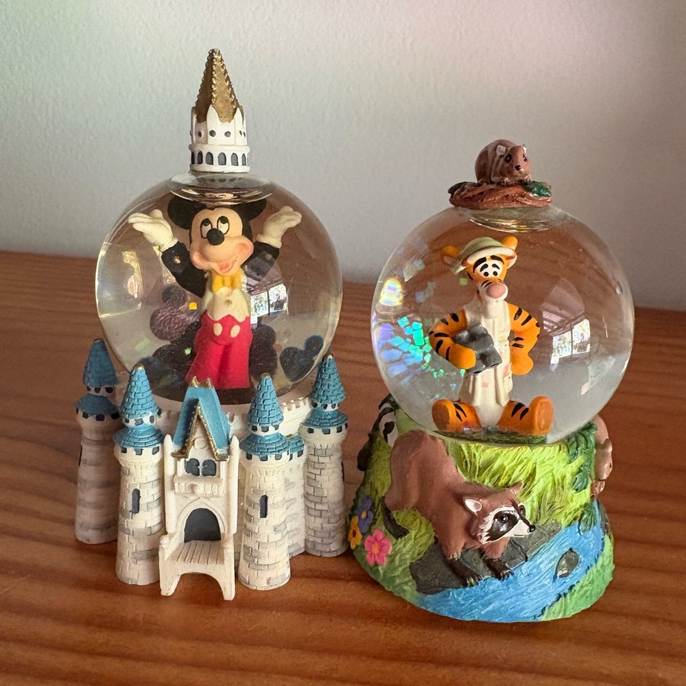 Two Rare Vintage Disney World Magical Mickey and Tigger Snow Globes - 3” Minis